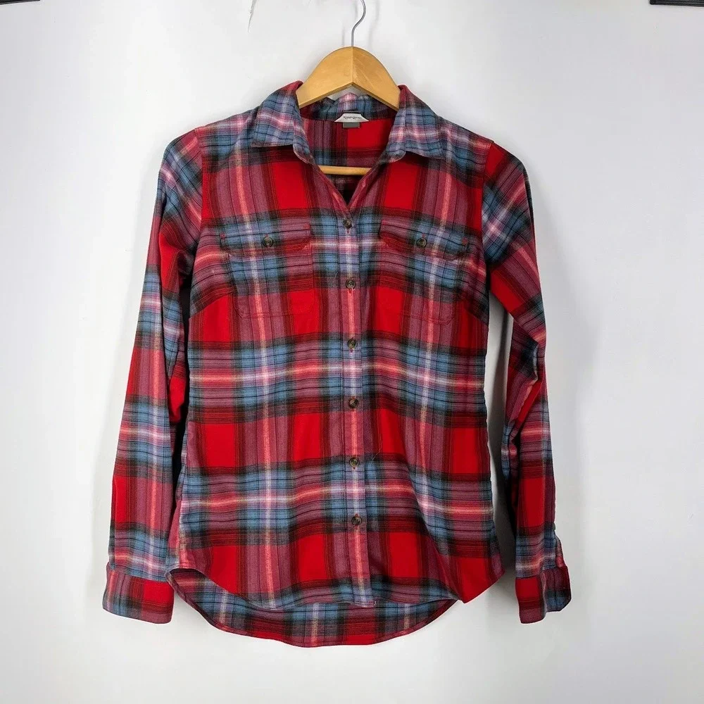 Eddie‎ Bauer Red Blue Plaid Flannel Button Down Shirt Womens Long Sleeve Pockets